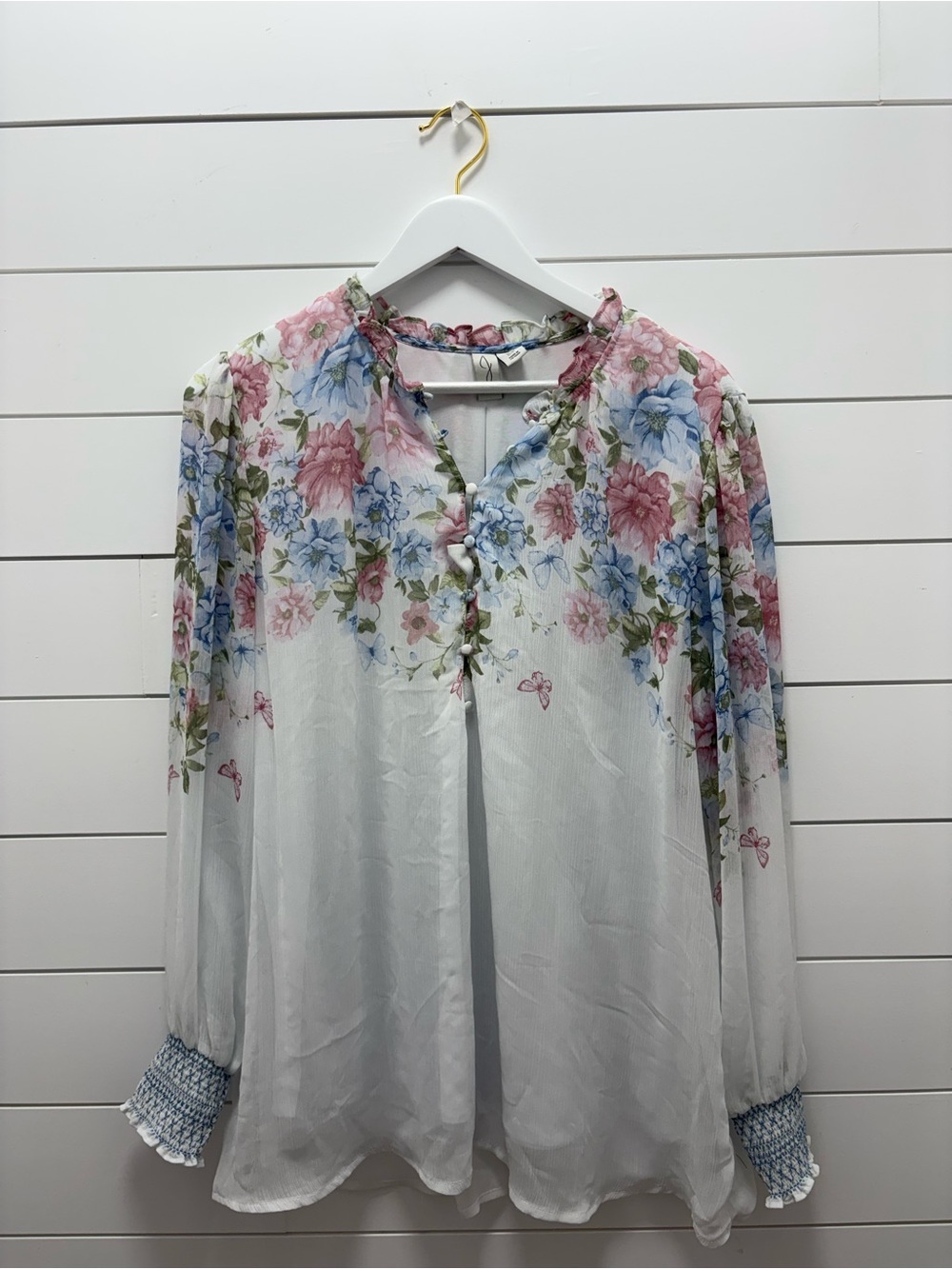 Joie Floral Voile Long-Sleeve Blouse - White with Pink & Blue Flowers
